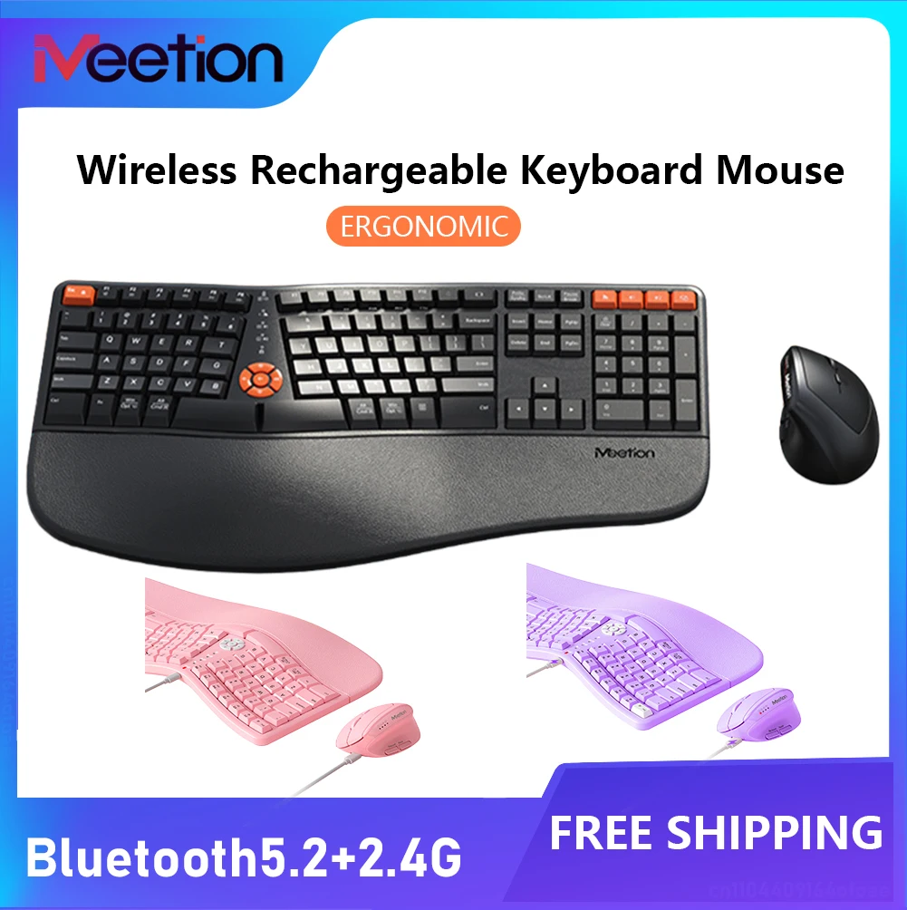 

Ergonomic 2.4G & Bluetooth Wireless Keyboard Comfortable Natural Typing Palm Rest Mouse Multi-Device Rechargeable Keyboard