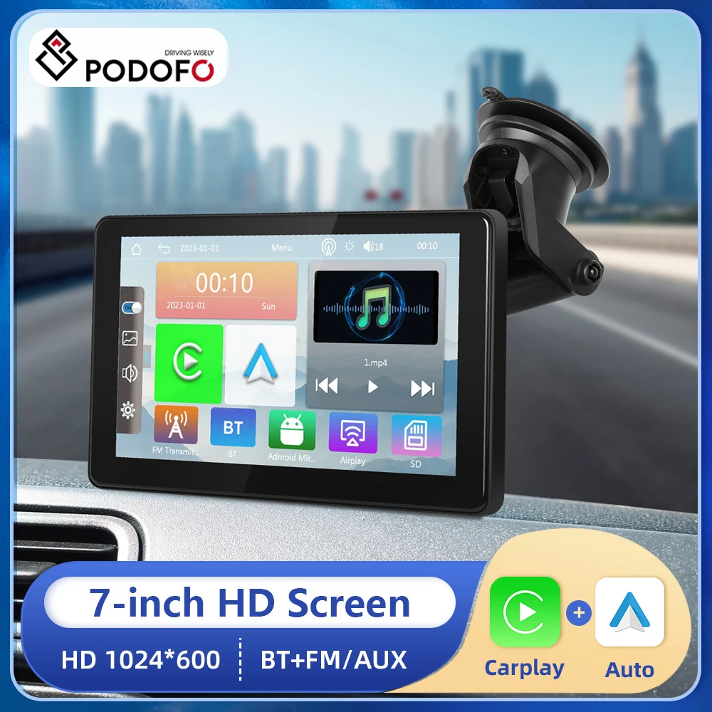 

Podofo 7inch Carplay Monitor MP5 Portable Smart Player Support Wireless Carplay Android Auto Bluetooth Music FM EQ Dashboard