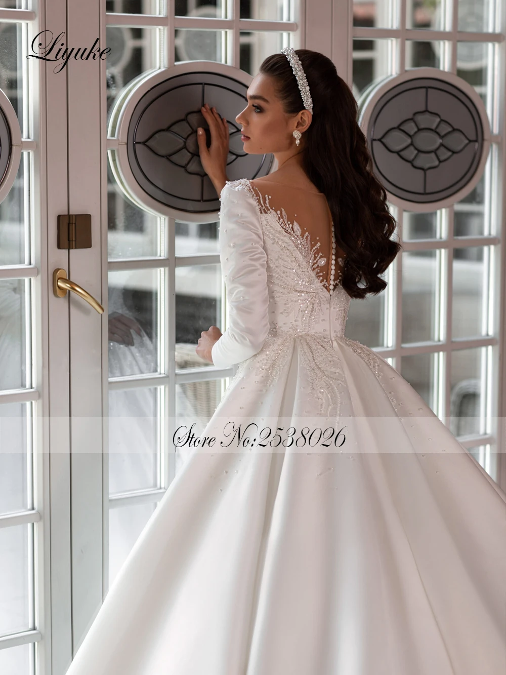 Liyuke Luxuous Satin A-Line Wedding Dress Deep V-Neck Full Sleeves Beading Pearls Appliques Bridal Gown