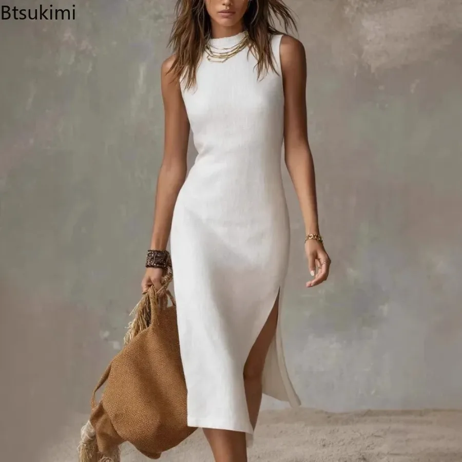 2026 Damen Strickkleid Ärmellos Einfarbiges Kleid mit Hohem Schlitz Elegantes Midikleid für Frühling Sommer Club Party