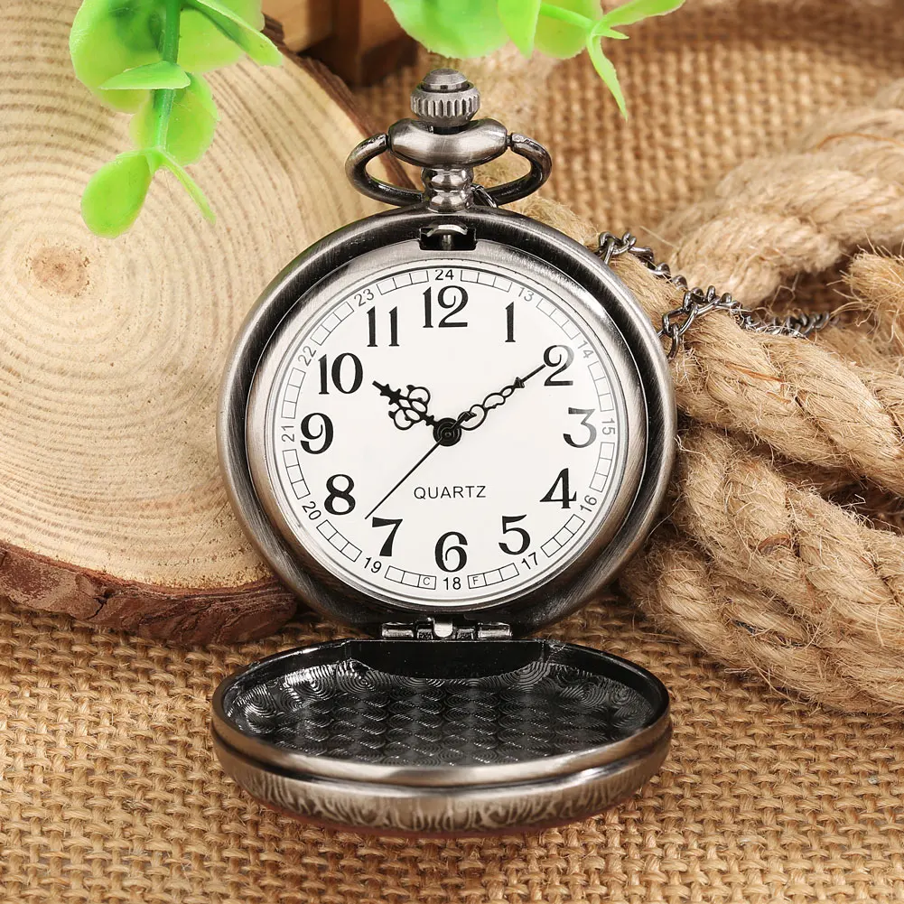 Walnut/Beech Wood Slice Decor Quartz Pocket Watch Grey Black Alloy Metal Watch Case Arabic Numerals Dial Pendant Necklace Watch