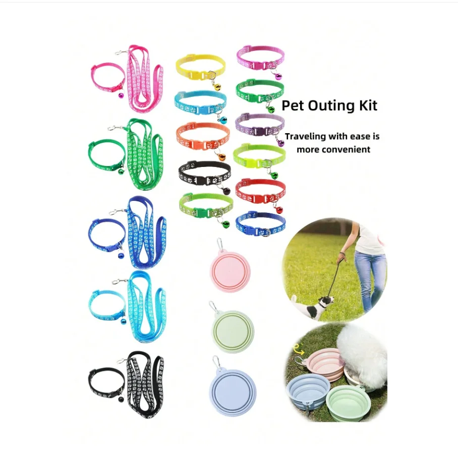 Pet Walking Kit, Paw Print Collar & Leash Set with Bell, Foldable Silicone Water Bowl, Adjustable Safety Collar & Traction Rope