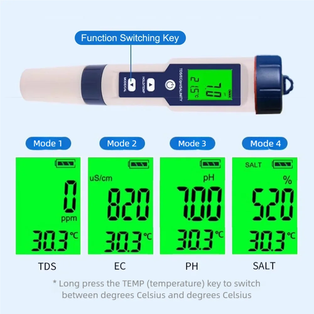 High-precision Home Water Quality Detector Multifunctional 5-in-1 PH/TDS/EC/SALT/TEMP Detection For Wate/Food/AquaculturePool