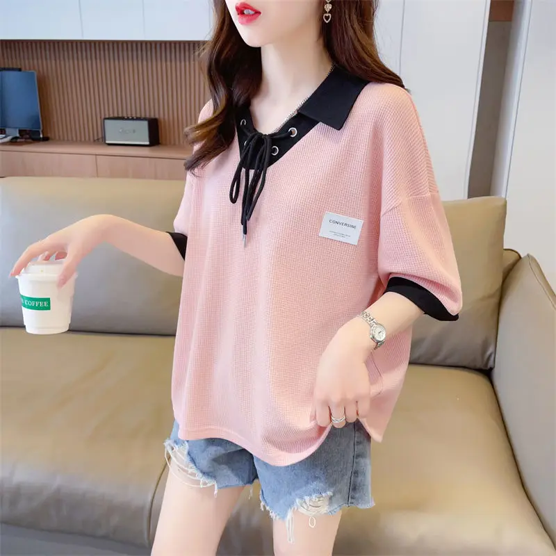 2023 Women Summer Contrast Color Lace Up Sweet Chic T Shirt Trendy Casual Streetwear Loose Tees Y2K Cute Short Sleeve Tops Ropa