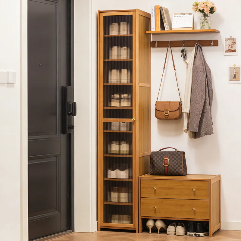 

Durable Black solid wood ultra-narrow shoe cabinet household door tipping bucket shoe cabinet French outdoor shoe rack