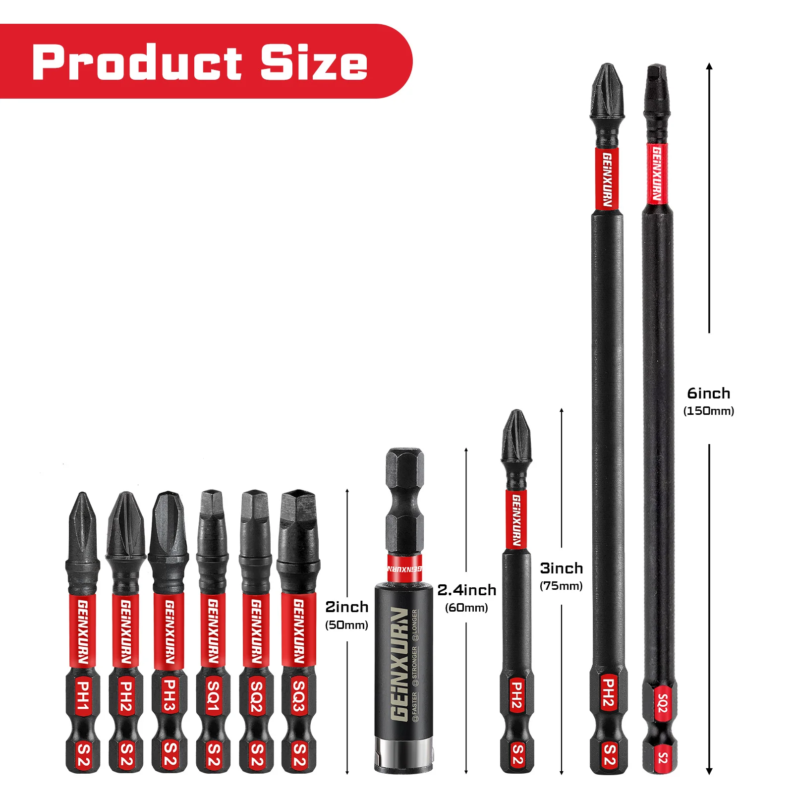 Geinxurn 10Pcs  2''/3''/6'' Impact Power Driver bit set ,Mixed S2 Alloy Steel Bit(PH,SQ) with Bit Holder and Storage Organizer