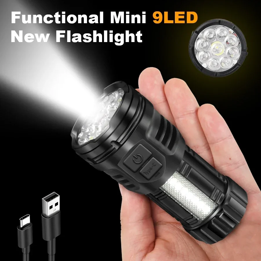 

9LED Strong Light LED Flashlight TYPE-C Charging Torch with COB Light Portable LED Flashlight Outdoor for Home Emergency