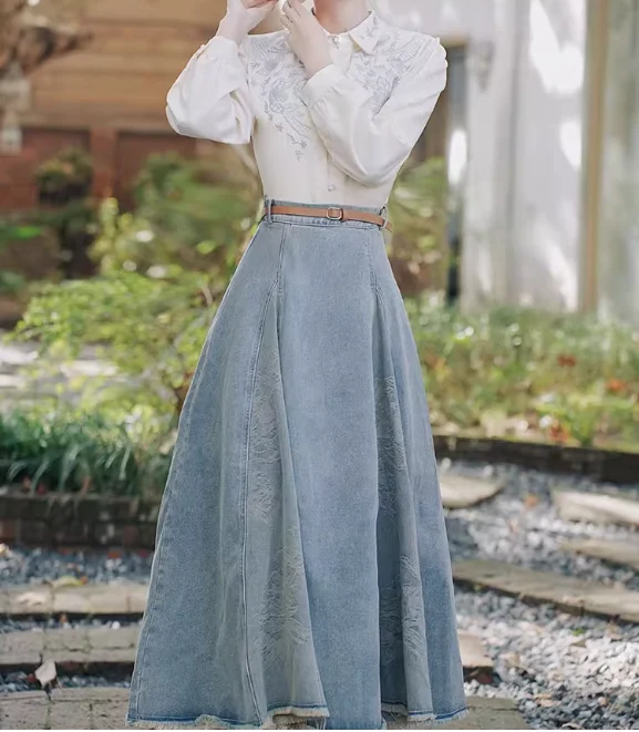 Primavera Autunno Jacquard Sciolto senza maniche Azzurro Gilet versatile Moda Retro Riduzione dell'età Gonna in denim universitario a vita alta