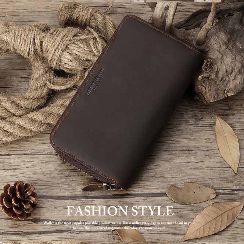 Men Genuine Leather RFID Blocking Long Wallet Multi-slot Credit Card Holder Zipper Clutch Wallet Retro Large Capacity Phone Bag