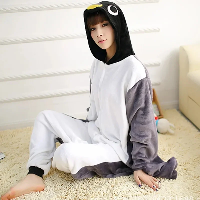 Volwassen Anime Kigurumi Onesie Grappige Grijze Pinguïn Kostuum Pyjama Voor Vrouwen Mannen Unisex Flanel Warm Zacht Dier Onepieces Nachtkleding