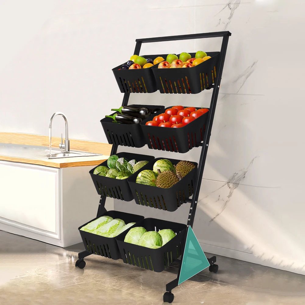 4-Tier Fruit and Vegetable Basket with Rolling Wheels Vegetable Storage Rack W/Rolling Wheels for Pantry Bathroom Laundry Room