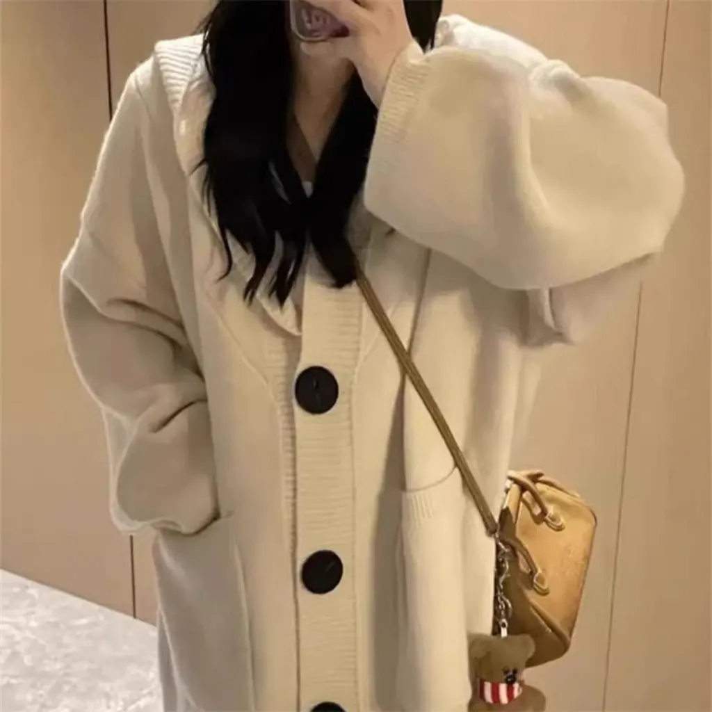 

Women's Hooded Knitted Cardigan Autumn Winter Lazy Style Korean High-grade Sweater Coat Loose Elegant Fashion Upperwear