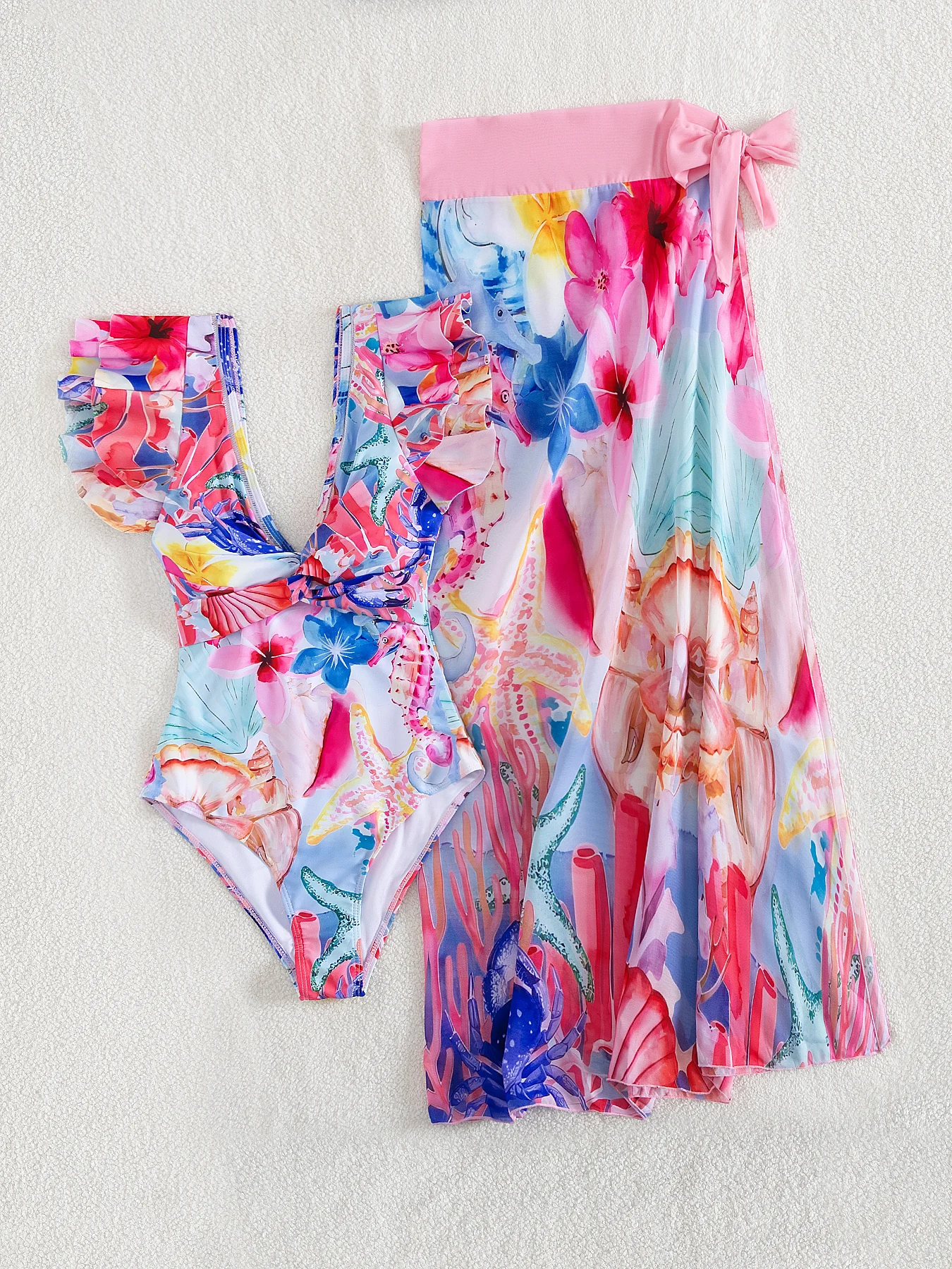 

Fashion Printed Women One Piece Swimsuit And Skirt Set Lady 3Pcs Swimming Suit Set Sexy Shoulder Ruffle Female Beachwear Getways