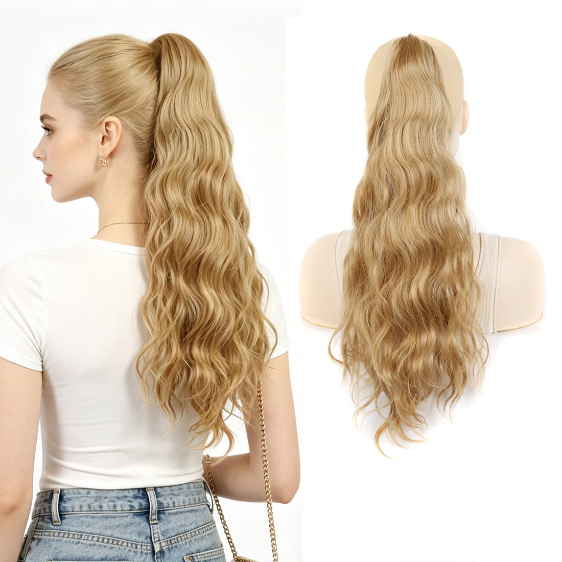 

Casual Long Wavy Ponytail Extension Light Blonde Synthetic Hair Clip on Pony Tail for Women Daily Wear Summer Outfit Accessories