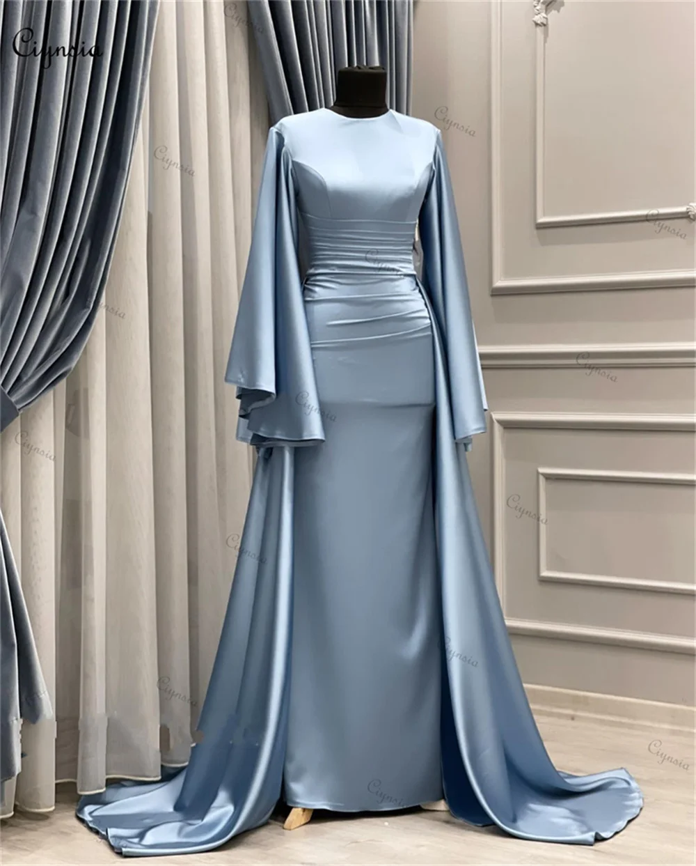 Amanda Muslim Modest Long Sleeves Prom Dresses Mermaid Satin Vestidos De Fiesta Detachable Train Customized Formal Evening