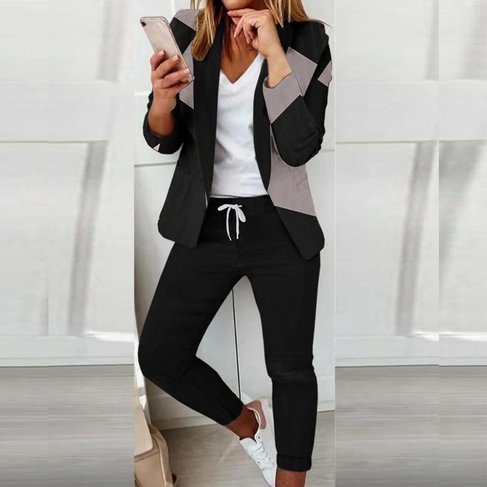 Women'S Suit Pantsuit Lapel Long-Sleeved Button-Down Pocket-Less Coat And Lace-Up Long Pants Two-Piece Stylish Office Suit