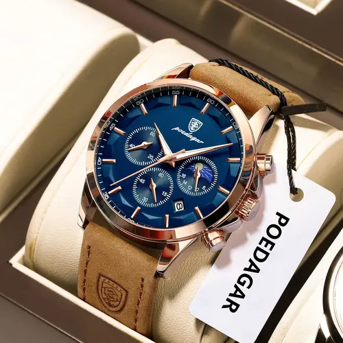 Imagen 2 del producto Reloj POEDAGAR de lujo para hombre de negocios, cronógrafo resistente al agua, fecha luminosa, reloj de pulsera para hombre, relojes de cuarzo de cuero a la moda para hombre + caja