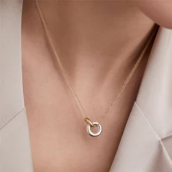 Simple Double Round Pendant Necklace for Women Couple Stainless Steel Choker Gold Color Chain Wedding Party Friends Jewelry Gift