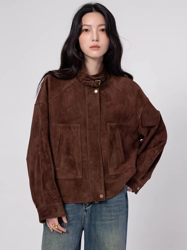 

Casual Short Genuine Leather Cargo Jacket for Women Spring Autumn High-end Simple Stand Collar Loose Vintage Real Sheepskin Coat