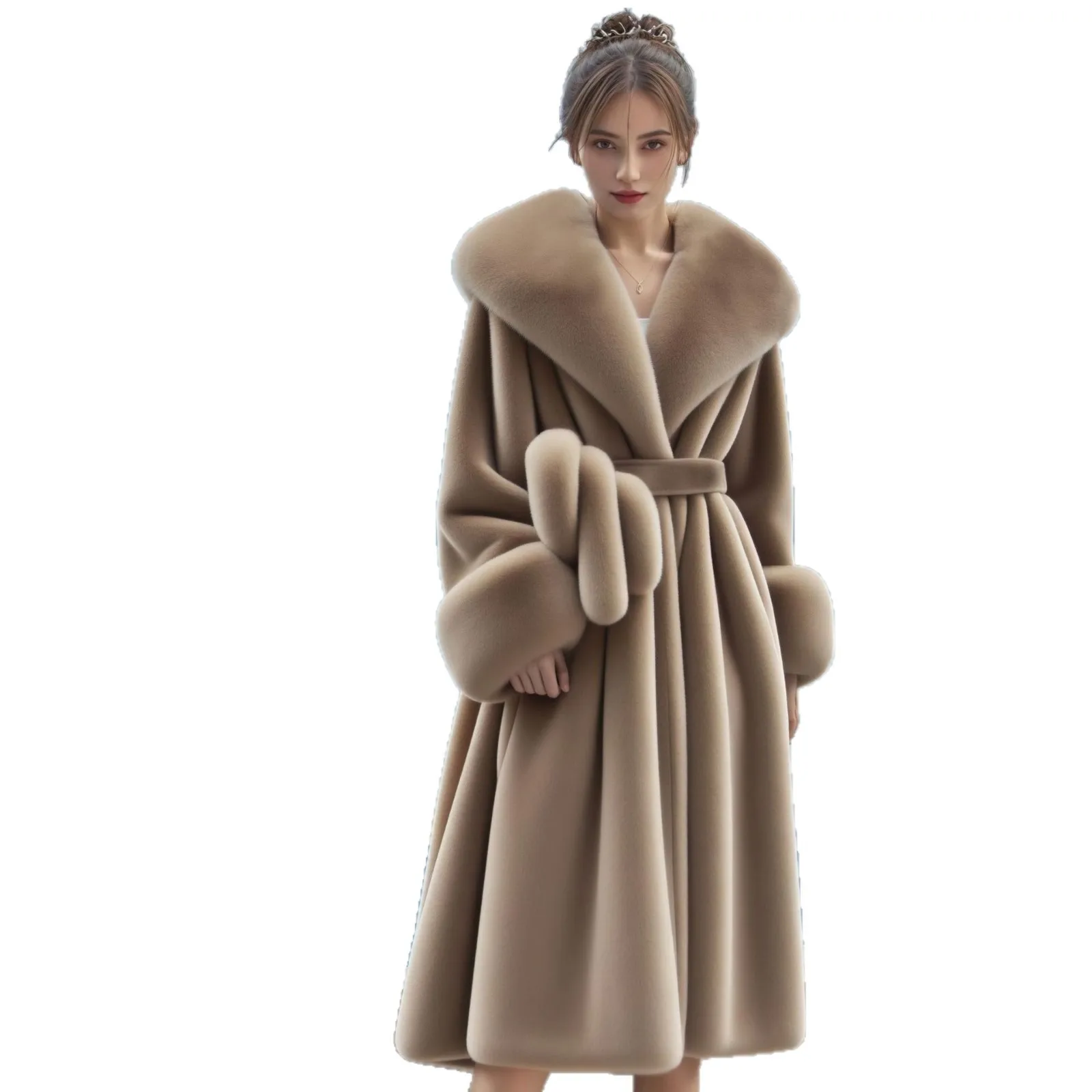 Trench coat feminino de pele de vison falso, comprimento médio, imitação de pele de raposa, gola virada para baixo, jaqueta ecológica, cardigã com cinto