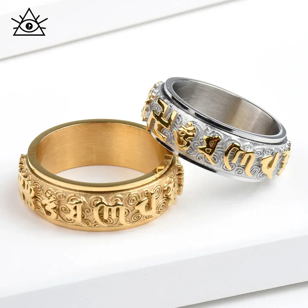 Buddha six-character mantra titanium steel ring can be rotated and plated with lotus auspicious cloud pattern rings