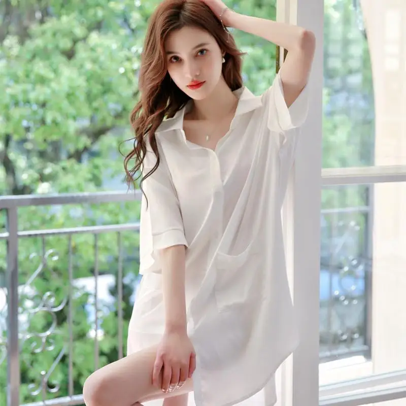 Sexy Nightdresses Women\'s Summer Fashion Thin Short Sleeve Shirts Mid-length Loungewear Solid Color Simple Loose Female Pajamas