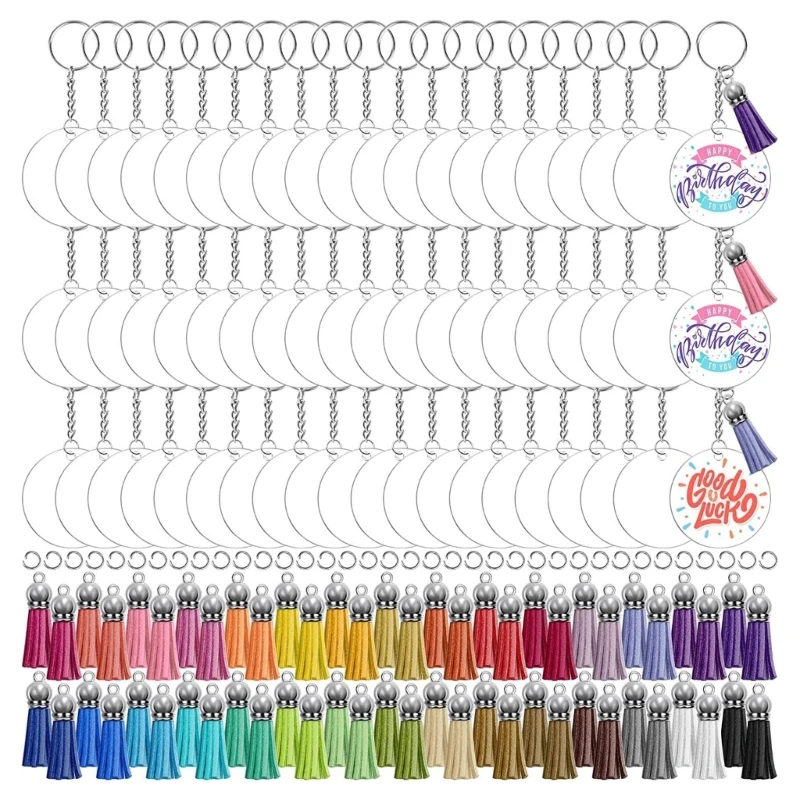 350 Pcs DIY Clear Blank Keychain Round Acrylic Blanks Tassels Keyring Jump Rings for DIY Keychain Vinyl Crafting Dropship