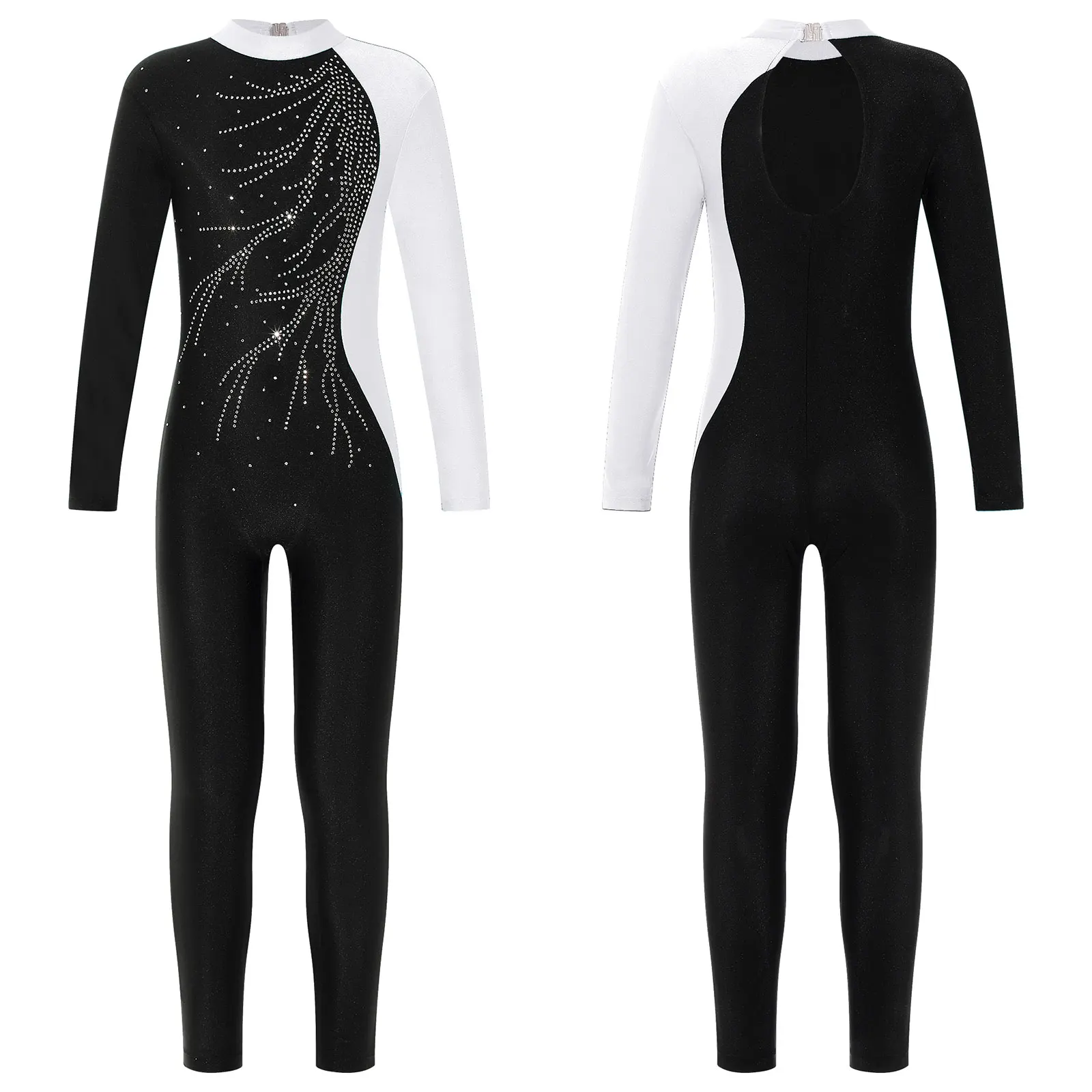 

New Kids Girls Gymnastics Jumpsuit Ballet Dancewear Long Sleeve Shiny Rhinestone Patchwork Bodysuit Skating Dance Unitard Zentai