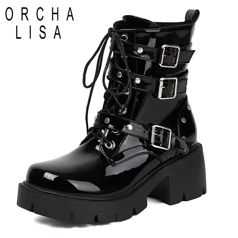 

ORCHA LISA 2025 Shiny Female Ankle Boots Round Toe Block Heels 6cm Platform 2cm Zipper Lace Up Belt Buckles Plus Size 41 42 43