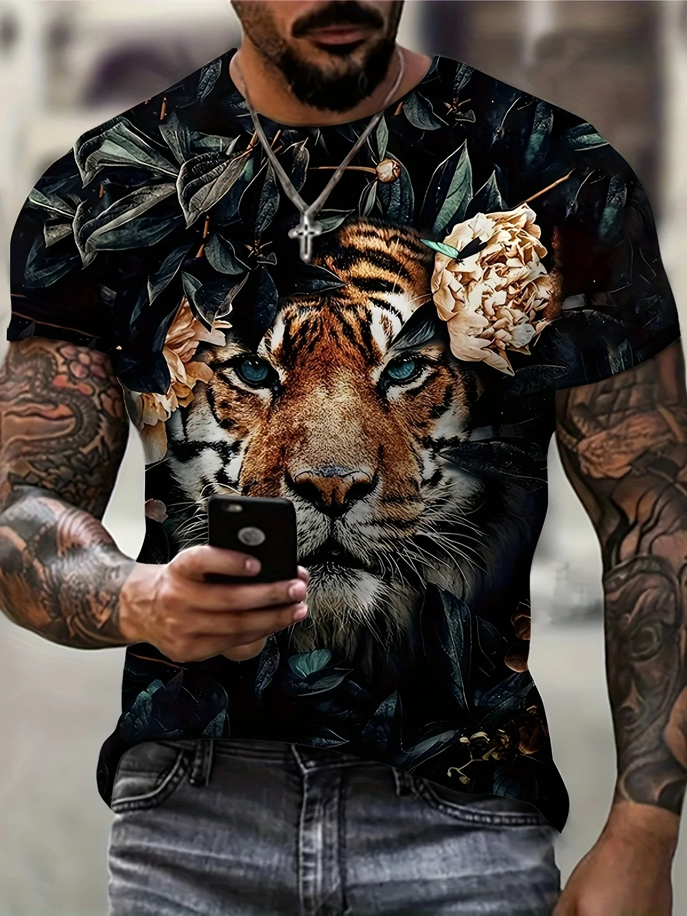 

2024 new Black T-shirt tiger print men's short sleeve