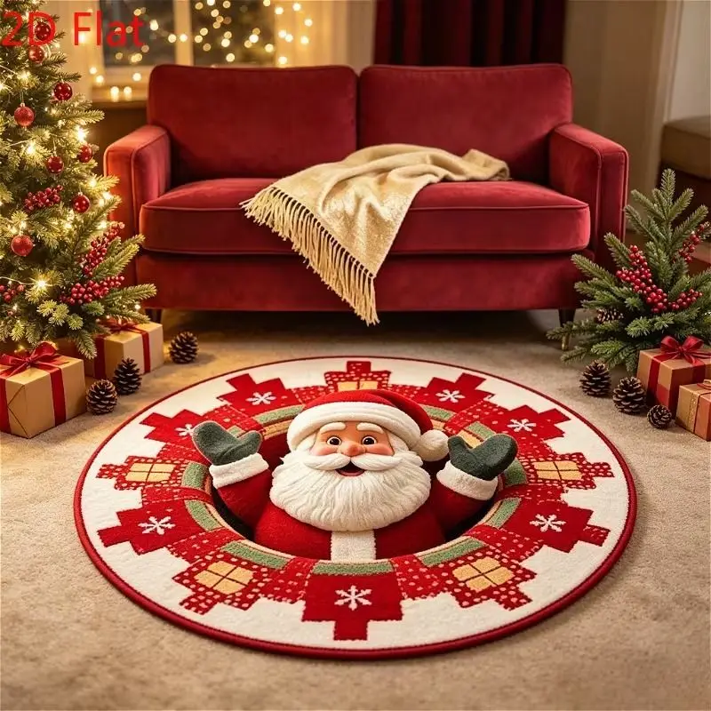 Santa Claus Cutout Round Rug, 2D Printed Plush Carpet, Non-Slip Soft Living Room Mat, Funny Christmas Home Decor