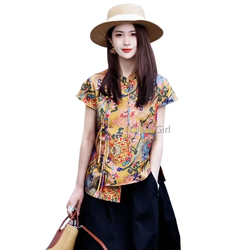 

Элегантная блузка с принтом Olive Girl, традиционная китайская одежда, топ с коротким рукавом и воротником-стойкой, коллекция 2026