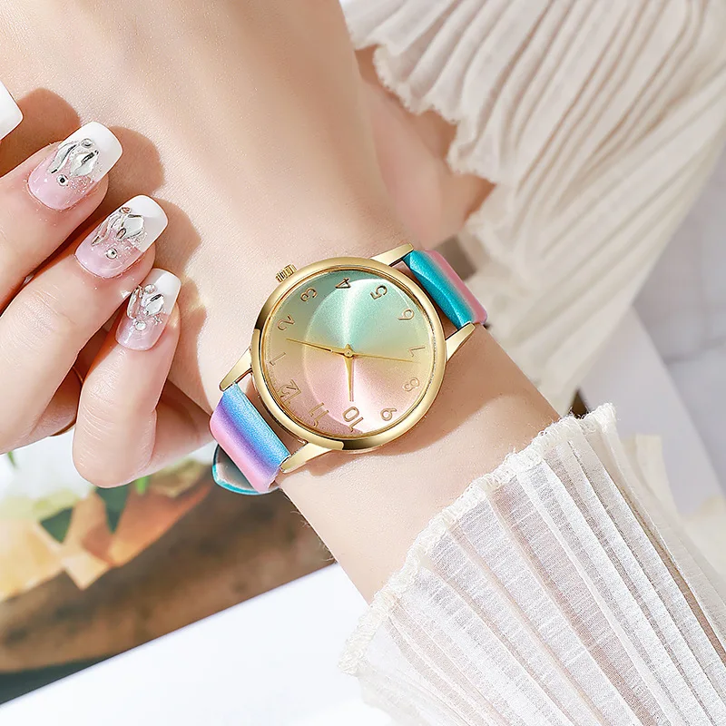 

Модные женские часы с кожаным ремешком, повседневные кварцевые часы с радужным арабским циферблатом, женские наручные часы женские