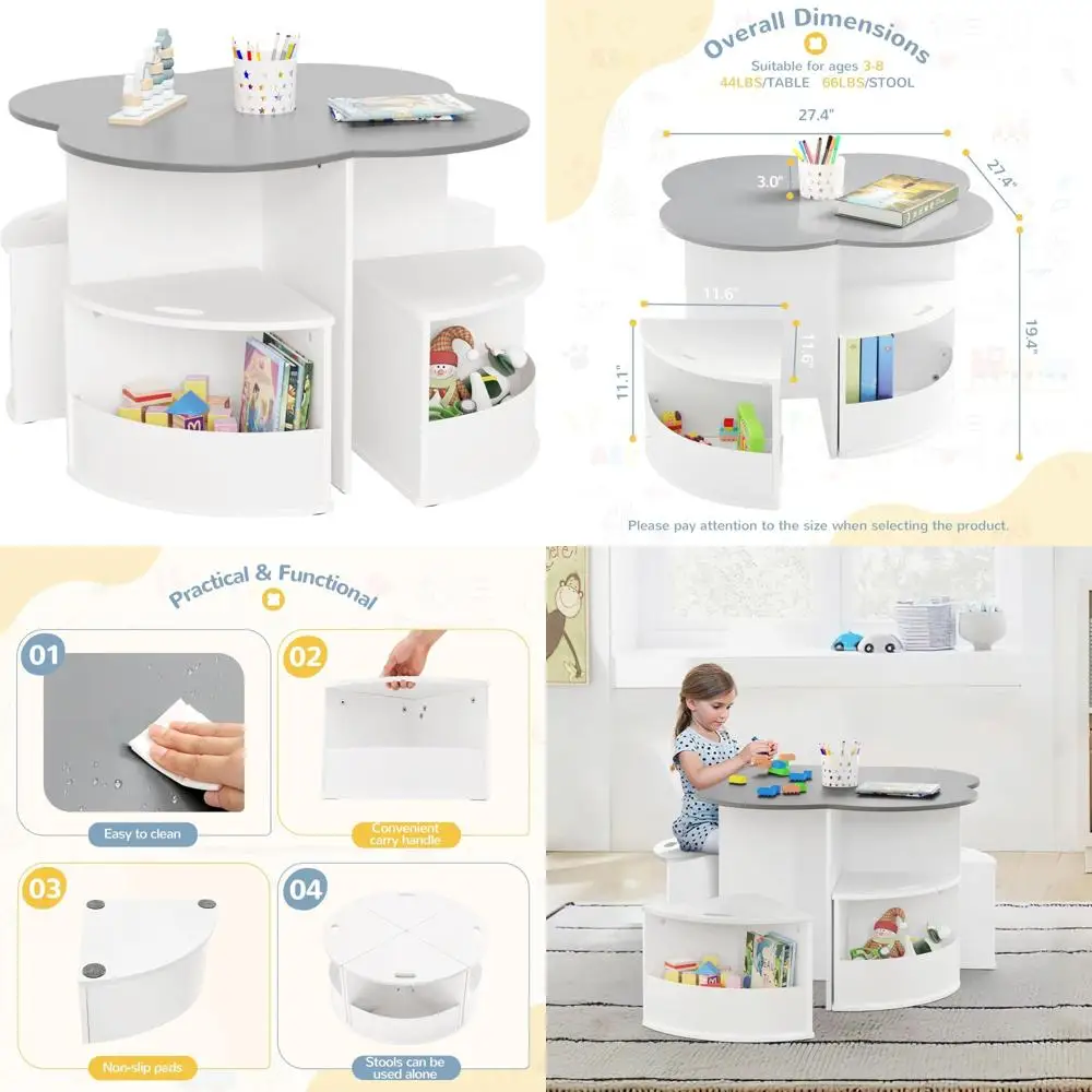 

Toddler Table and Chair Set with 4 Storage Stools, Flower Shaped Nesting Design with Built-in Pen Holder, Kids Table for Activit
