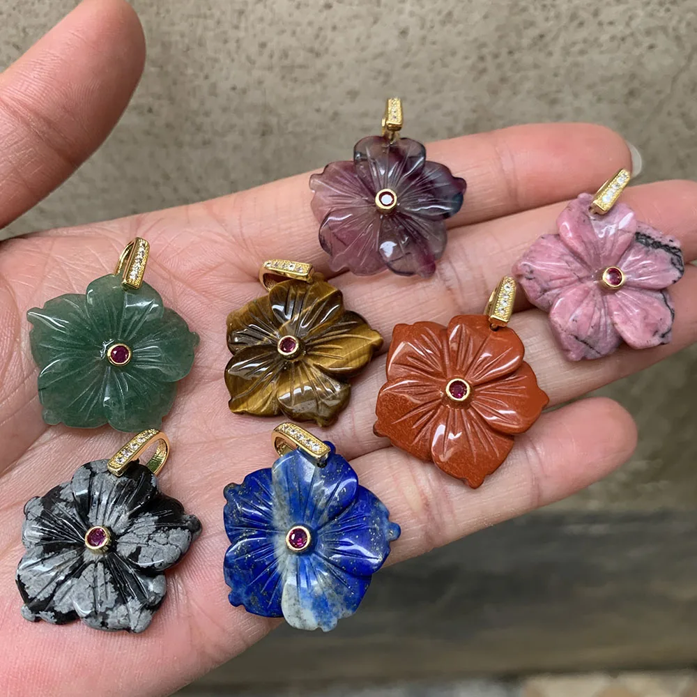 28mm Carving Crystal Flowers Natural Reiki Stone Amethyst Lapis Obsidian Rose Quartz Gemstone for Diy Making Handicrafts Jewelry
