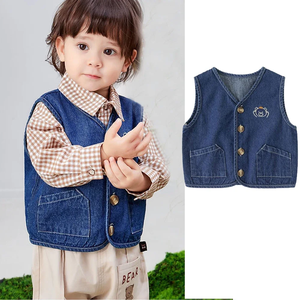 Baby Girls Boys Sleeveless Vest Kids Demin Waistcoat Toddler Cartoon Outerwear 2024 Autumn Winter Children's Clothing Casual