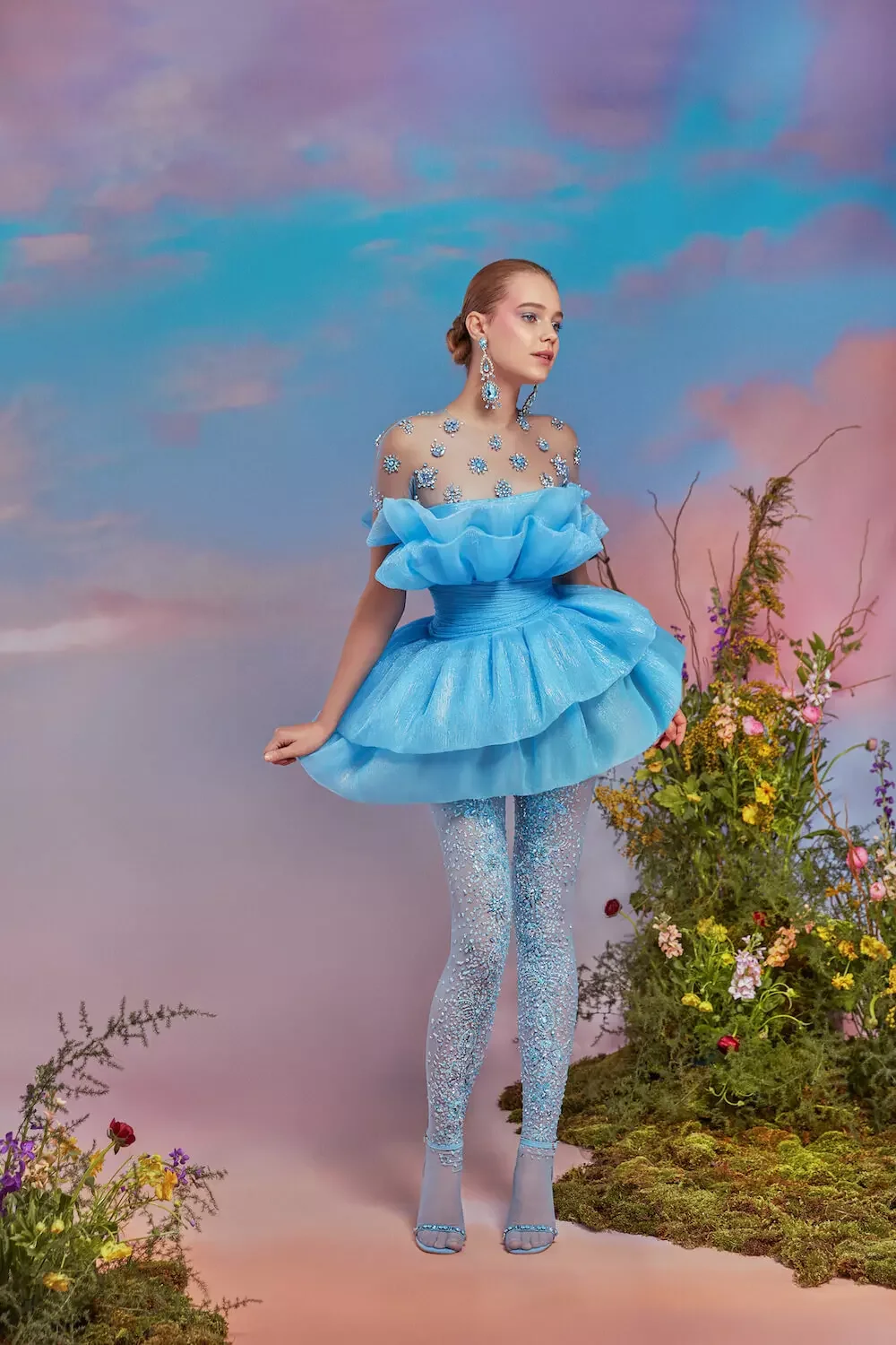 السماء الزرقاء الخيال خارج الكتف كريستال مزين توتو فستان بقماش شفاف صد تكدرت الأورجانزا بيبلوم المتدرج ماكسي التنانير