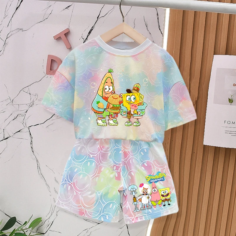 SpongeBob SquarePants Tie-dye Smlie Tees Children's Cute Short Sleeves Baby T Shirt Shorts 2pcs Boy Girl Summer Clothing Sets view 4