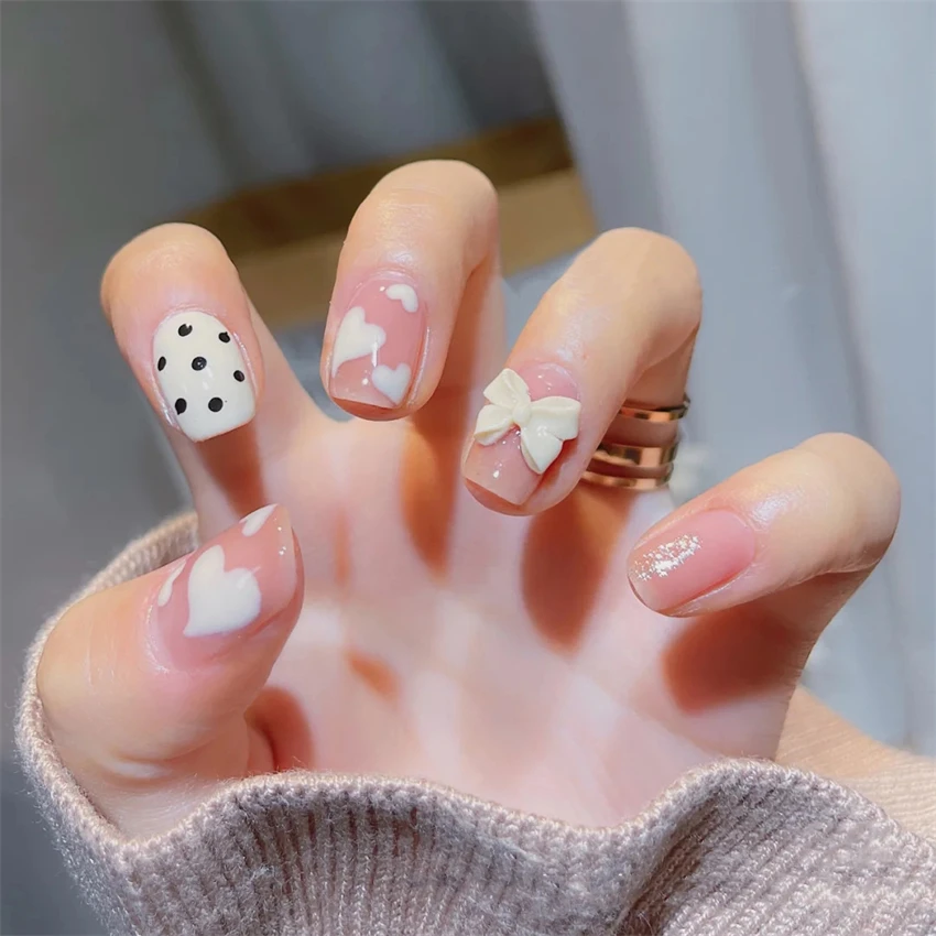 24pcs/set Korean Bow Fake Nails Art Full-coverage Adhesive Short Handmade Acrylic Wearing False Nails Removable Press-on Nails