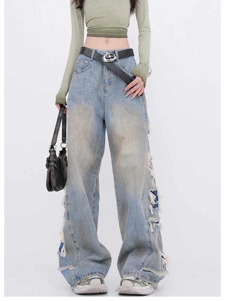 Women's Make Old Tassels Holes Design Wide Leg Straight Jeans Cool Girl High Waist Baggy Pants Female Casual Denim Trousers