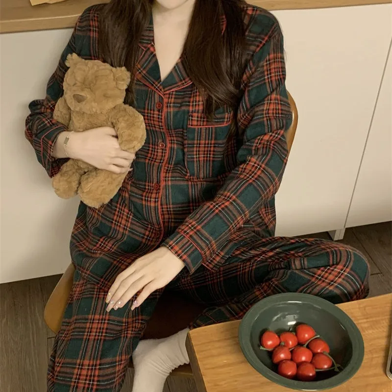 Autumn Pajama Sets Women Plaid Korean Vintage Sleepwear Slouchy Loung Students Sweet Girl Homewear Harajuku Comfortable Loose