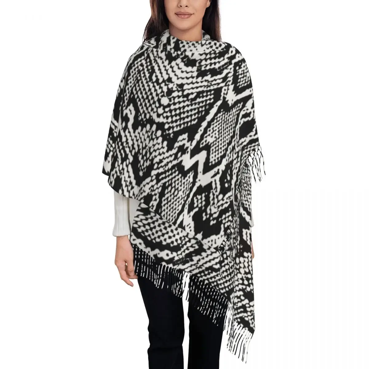 Women Scarf Outdoor Black White Snakeskin Scarves Wraps with Long Tassel Animal Snake Skin Casual Shawls and Wraps New Bufanda