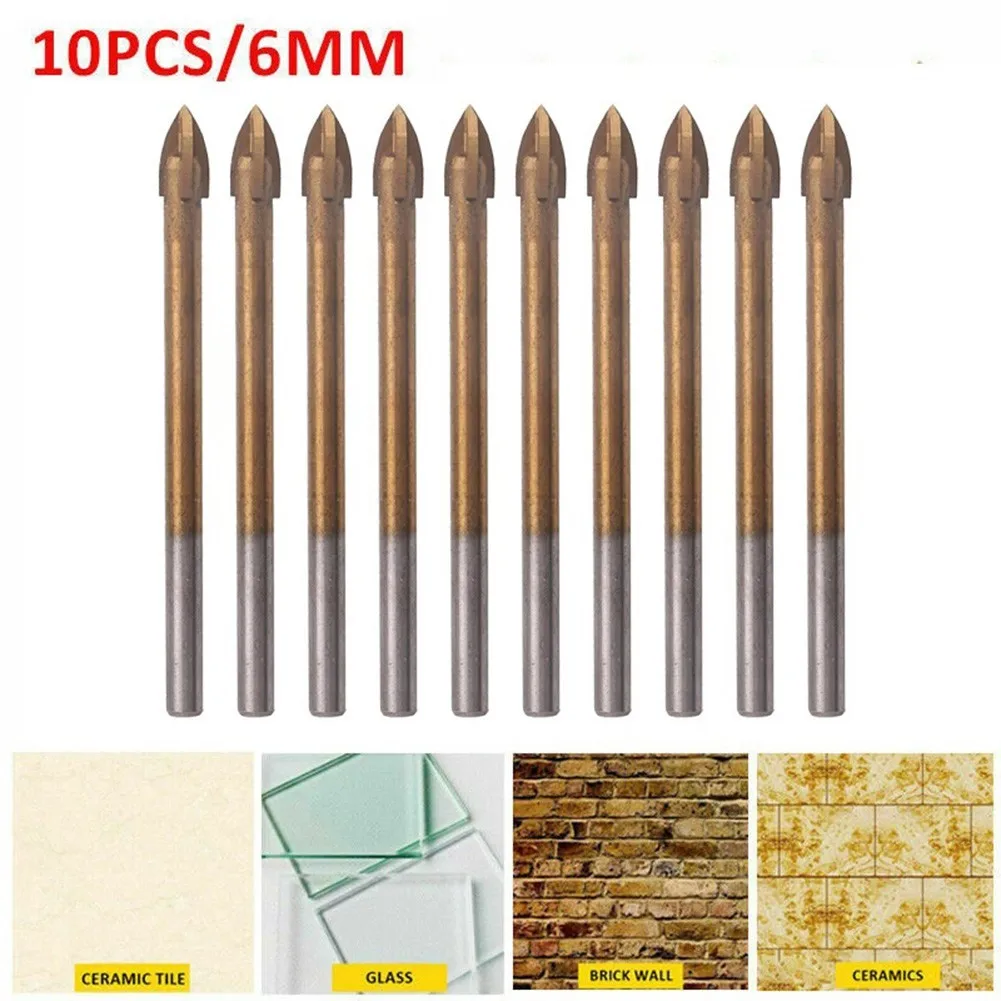 

10pcs 6mm Glass Drill Bit with Cross Point Tip for Ceramic Tile Granite Stone Concrete For Wall Wood Plastic Applications