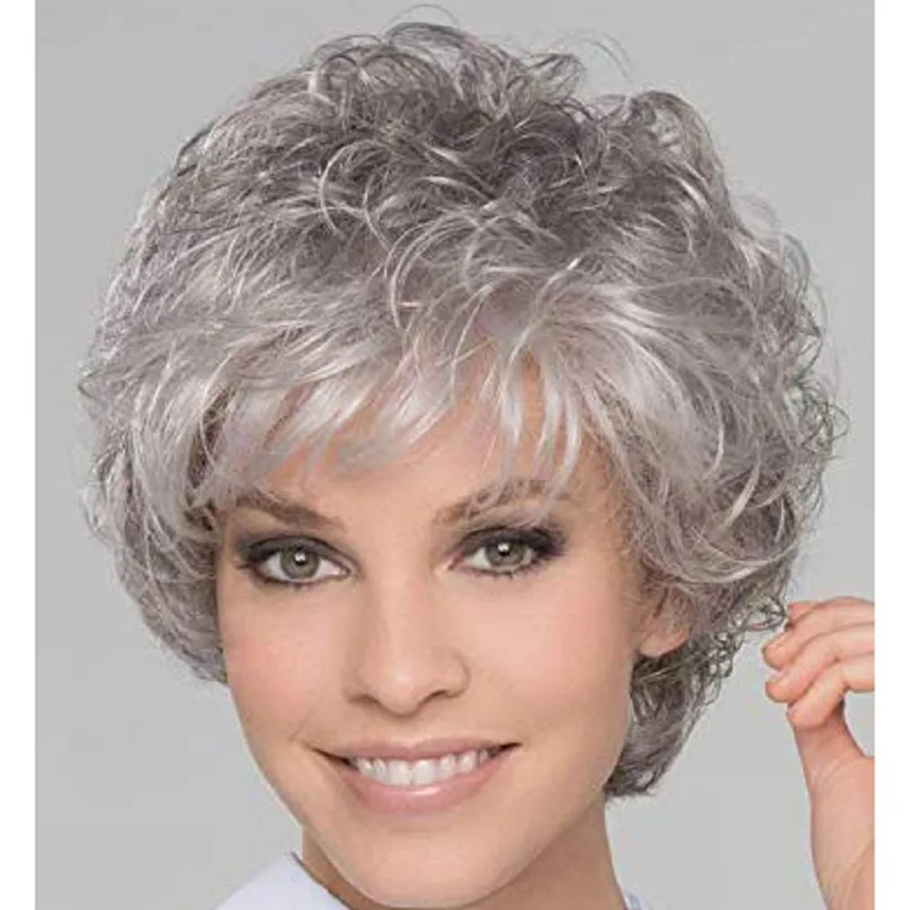 

Heat Resistant Silver Gray Short Curly Wig - Easy Wear Synthetic Fiber Hairpiece for Mature Older Women (Mom/Grandma)