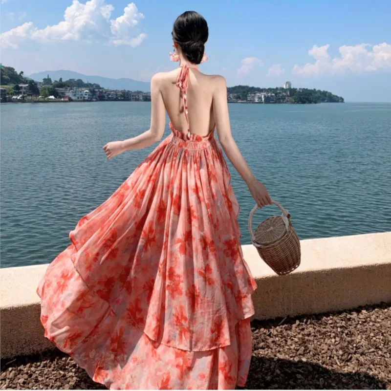 Falda grande de estilo bohemio, vestido de vacaciones junto al mar con estampado de flores, vestido con cuello en V para mujer, vestido largo de playa de verano 2025