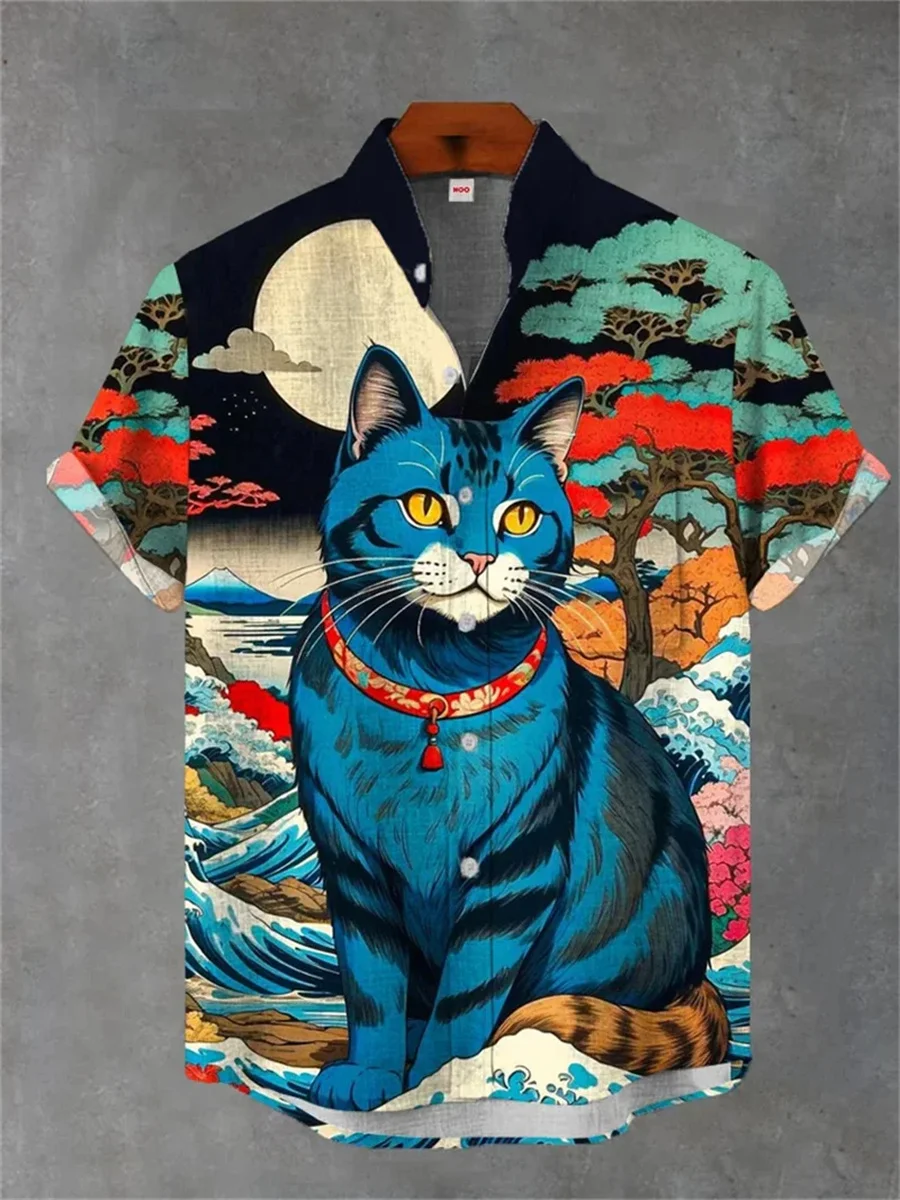 2025 Men's Linen Casual Shirt Fashion Wave Print Harajuku Shirt Summer Festival Party Fashion Hawaiian Shirt Street Men's