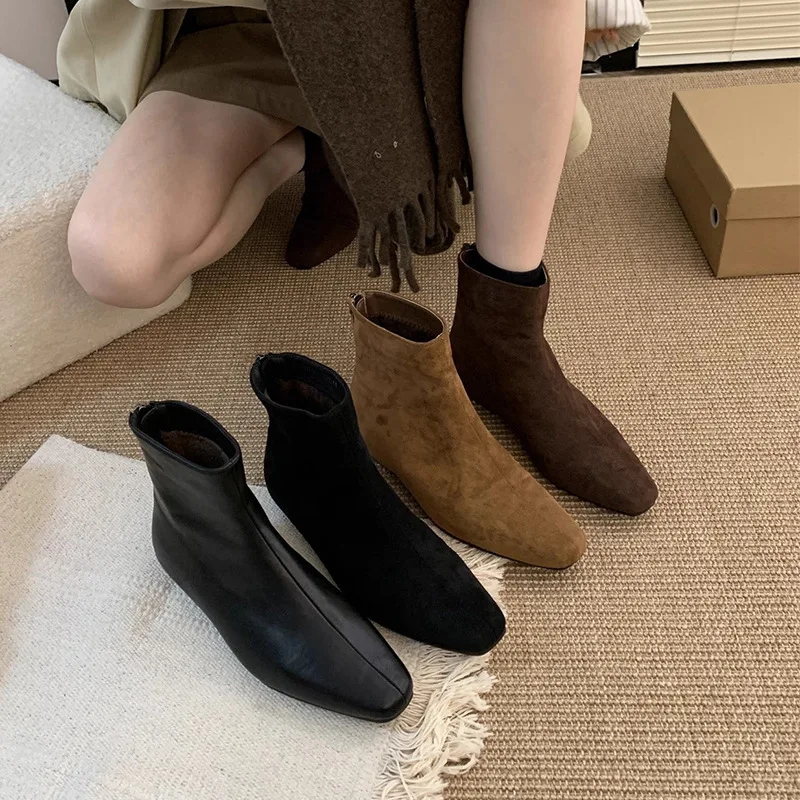 Senhora botas de inverno sapatos para mulheres botas com zíper-mulheres 2024 borracha outono tornozelo med rock rebanho pu costura sólida dedo do pé quadrado equitação h