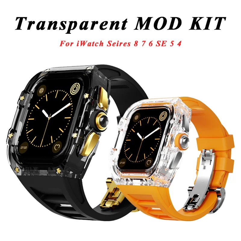 

Transparent Modification Kit For Apple Watch 44 45MM Silicone Strap Case for IWatch Series 9 8 7 6 5 SE 4 Rubber Band Refit Mod