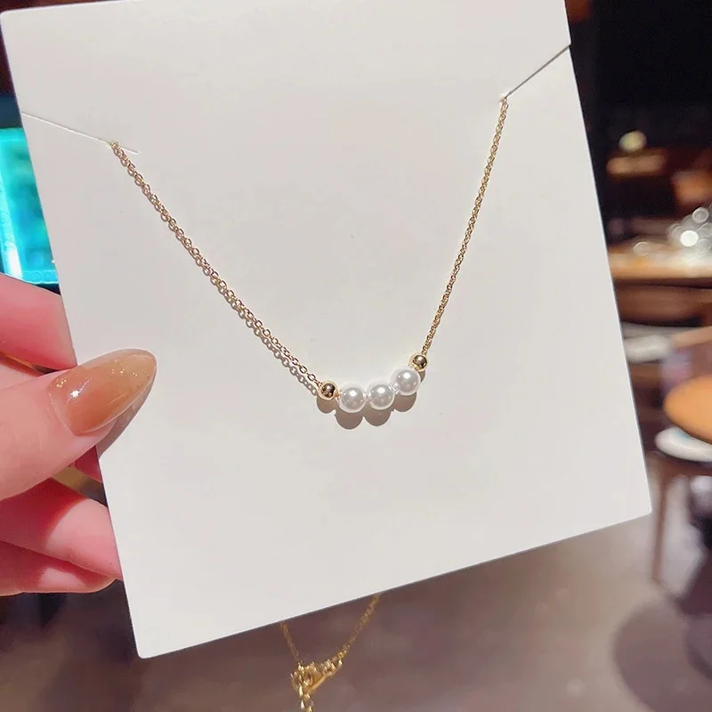 Three-Pearl Smiling Pendant Necklace Round Gold Spacer Bead Dainty Thin Cable Chain Minimal Layering Collar Jewelry For Women