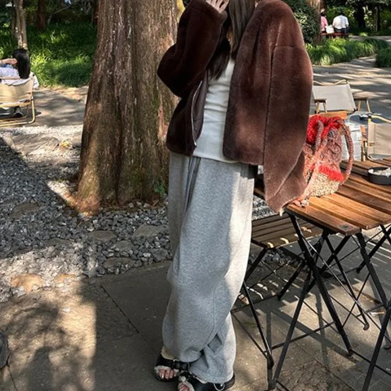 Deeptown Baggy Casual Grey Sweatpants Woman Korean Fashion Basic Wide Leg Thick Pants Autumn Harajuku High Waist New Trousers